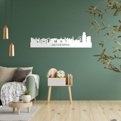 Skyline Antwerpen Wit glanzend gerecycled kunststof cadeau decoratie relatiegeschenk van WoodWideCities