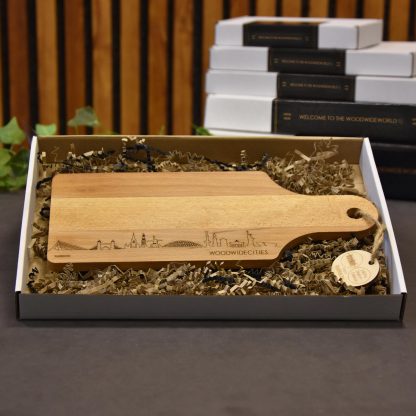 Skyline Borrelplank Antwerpen houten cadeau decoratie relatiegeschenk van WoodWideCities