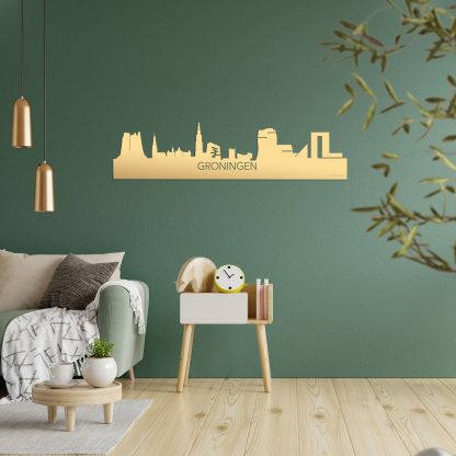 Skyline Groningen Metallic Goud gerecycled kunststof cadeau decoratie relatiegeschenk van WoodWideCities