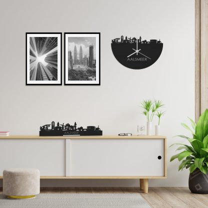 Skyline Klok Aalsmeer Black Zwart houten cadeau wanddecoratie relatiegeschenk van WoodWideCities