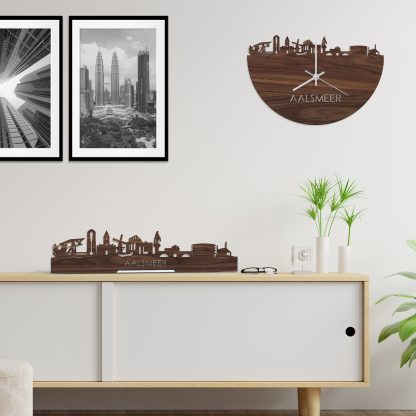 Skyline Klok Aalsmeer Noten houten cadeau wanddecoratie relatiegeschenk van WoodWideCities