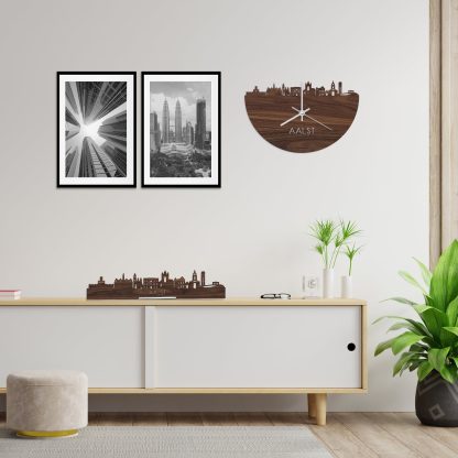 Skyline Klok Aalst Noten houten cadeau wanddecoratie relatiegeschenk van WoodWideCities