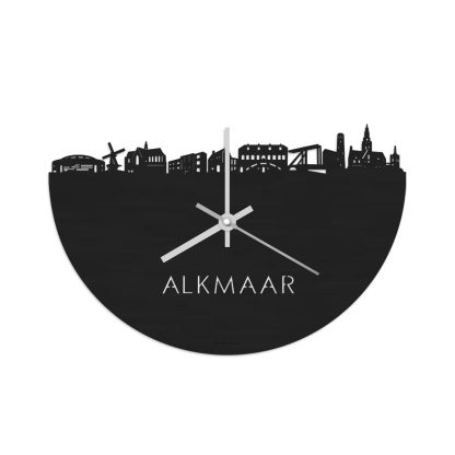 Skyline Klok Alkmaar Black Zwart houten cadeau wanddecoratie relatiegeschenk van WoodWideCities