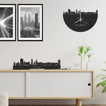 Skyline Klok Almelo Black Zwart houten cadeau wanddecoratie relatiegeschenk van WoodWideCities