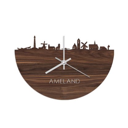 Skyline Klok Ameland Noten Noten  houten cadeau wanddecoratie relatiegeschenk van WoodWideCities