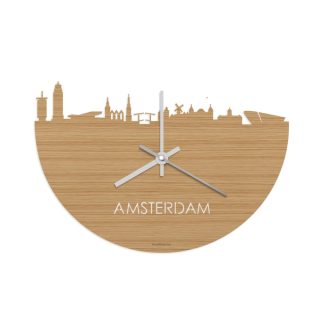 Skyline Klok Amsterdam Bamboe Bamboe  houten cadeau wanddecoratie relatiegeschenk van WoodWideCities