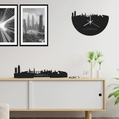 Skyline Klok Amsterdam Black houten cadeau wanddecoratie relatiegeschenk van WoodWideCities