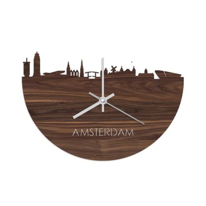 Skyline Klok Amsterdam Noten houten cadeau wanddecoratie relatiegeschenk van WoodWideCities