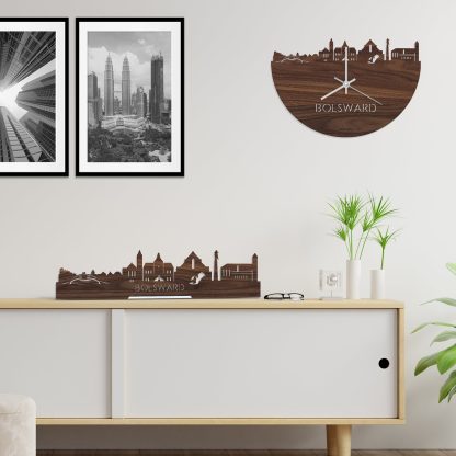 Skyline Klok Bolsward Noten houten cadeau decoratie relatiegeschenk van WoodWideCities