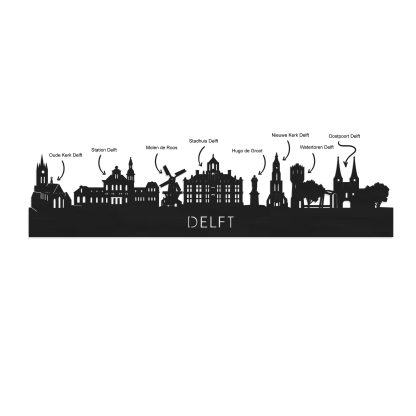 Skyline Klok Delft Black Zwart houten cadeau wanddecoratie relatiegeschenk van WoodWideCities