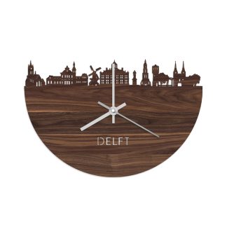 Skyline Klok Delft Noten houten cadeau wanddecoratie relatiegeschenk van WoodWideCities