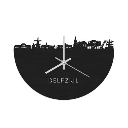 Skyline Klok Delfzijl Black Zwart  houten cadeau wanddecoratie relatiegeschenk van WoodWideCities