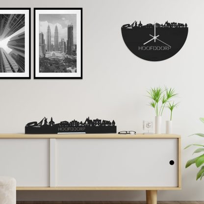 Skyline Klok Hoofddorp Black Zwart houten cadeau wanddecoratie relatiegeschenk van WoodWideCities