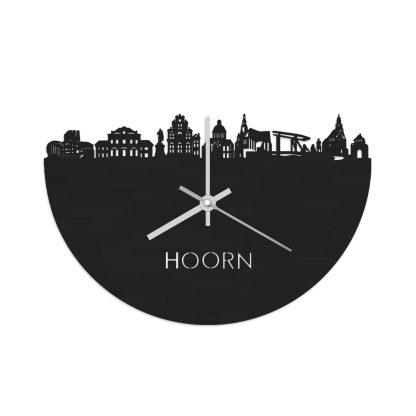 Skyline Klok Hoorn Black Zwart houten cadeau wanddecoratie relatiegeschenk van WoodWideCities