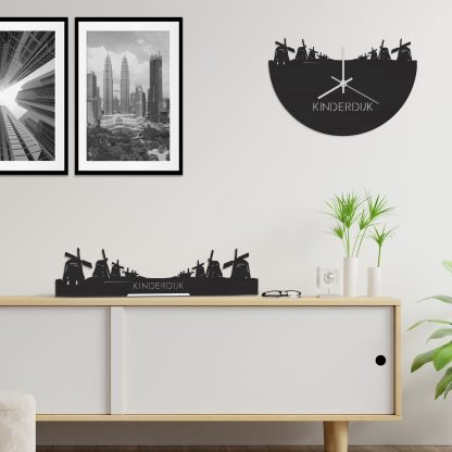 Skyline Klok Kinderdijk Black Zwart houten cadeau wanddecoratie relatiegeschenk van WoodWideCities