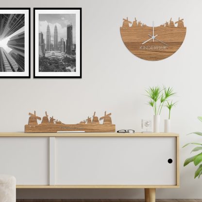 Skyline Klok Kinderdijk Eiken houten cadeau wanddecoratie relatiegeschenk van WoodWideCities