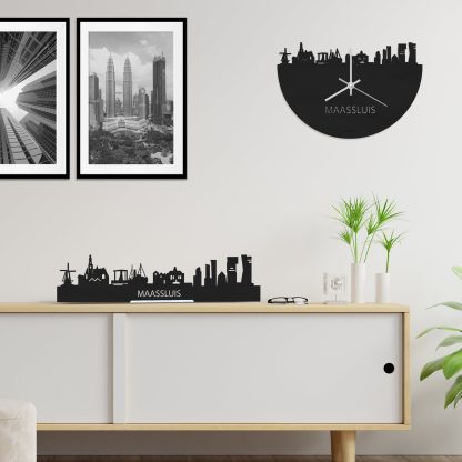 Skyline Klok Maassluis Black Zwart houten cadeau wanddecoratie relatiegeschenk van WoodWideCities