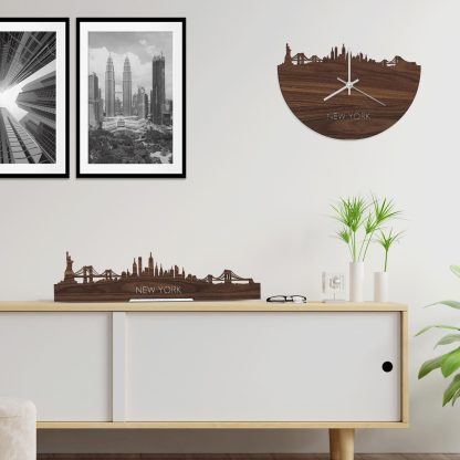 Skyline Klok New York Noten houten cadeau wanddecoratie relatiegeschenk van WoodWideCities