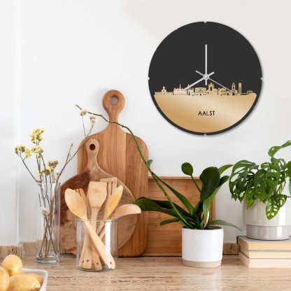 Skyline Klok Rond Aalst Metallic Goud gerecycled kunststof cadeau decoratie relatiegeschenk van WoodWideCities