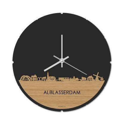 Skyline Klok Rond Alblasserdam Bamboe houten cadeau decoratie relatiegeschenk van WoodWideCities