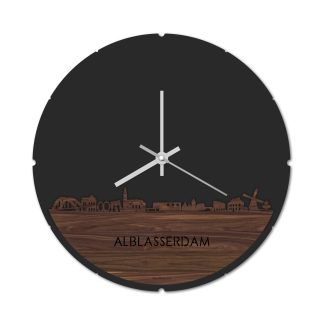 Skyline Klok Rond Alblasserdam Noten houten cadeau decoratie relatiegeschenk van WoodWideCities