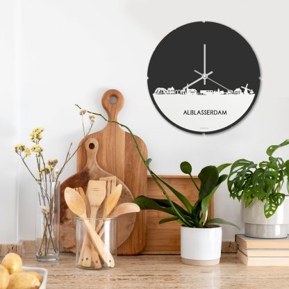 Skyline Klok Rond Alblasserdam Wit glanzend gerecycled kunststof cadeau decoratie relatiegeschenk van WoodWideCities