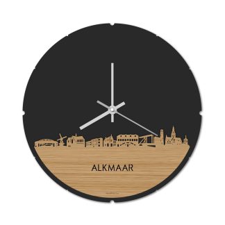 Skyline Klok Rond Alkmaar Bamboe houten cadeau decoratie relatiegeschenk van WoodWideCities