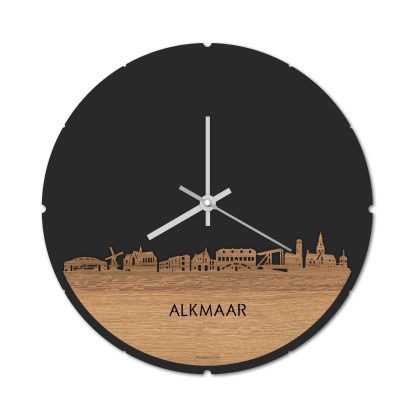 Skyline Klok Rond Alkmaar Eiken houten cadeau decoratie relatiegeschenk van WoodWideCities