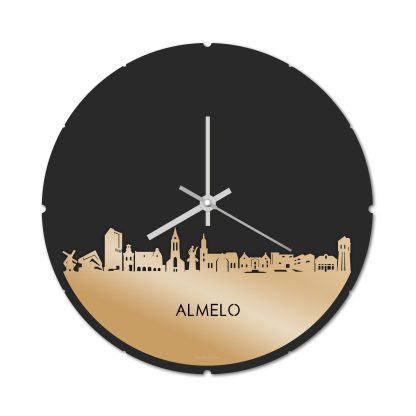 Skyline Klok Rond Almelo Metallic Goud gerecycled kunststof cadeau decoratie relatiegeschenk van WoodWideCities