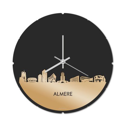 Skyline Klok Rond Almere Metallic Goud gerecycled kunststof cadeau decoratie relatiegeschenk van WoodWideCities