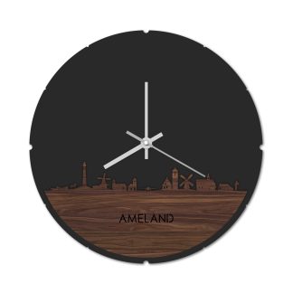 Skyline Klok Rond Ameland Noten Noten  houten cadeau decoratie relatiegeschenk van WoodWideCities