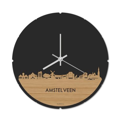 Skyline Klok Rond Amstelveen Bamboe houten cadeau decoratie relatiegeschenk van WoodWideCities