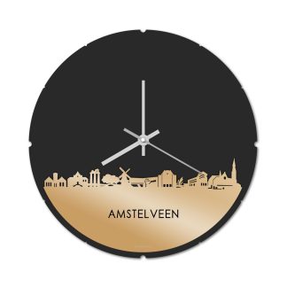 Skyline Klok Rond Amstelveen Metallic Goud gerecycled kunststof cadeau decoratie relatiegeschenk van WoodWideCities