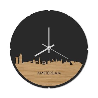 Skyline Klok Rond Amsterdam Bamboe Bamboe  houten cadeau decoratie relatiegeschenk van WoodWideCities