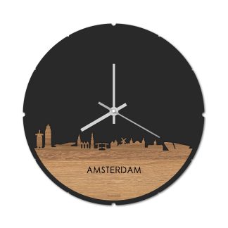 Skyline Klok Rond Amsterdam Eiken houten cadeau decoratie relatiegeschenk van WoodWideCities