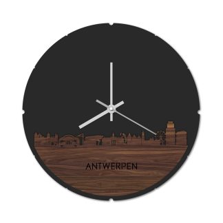 Skyline Klok Rond Antwerpen Noten houten cadeau decoratie relatiegeschenk van WoodWideCities