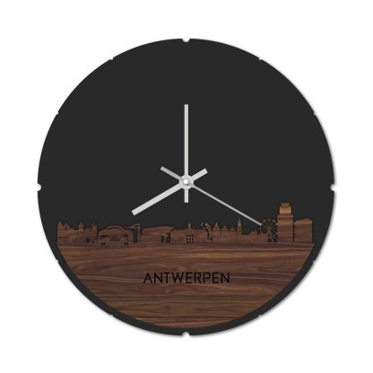 Skyline Klok Rond Antwerpen Noten houten cadeau decoratie relatiegeschenk van WoodWideCities