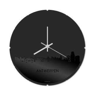 Skyline Klok Rond Antwerpen Zwart glanzend gerecycled kunststof cadeau decoratie relatiegeschenk van WoodWideCities