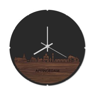 Skyline Klok Rond Appingedam Noten houten cadeau decoratie relatiegeschenk van WoodWideCities