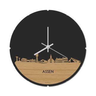 Skyline Klok Rond Assen Bamboe houten cadeau decoratie relatiegeschenk van WoodWideCities