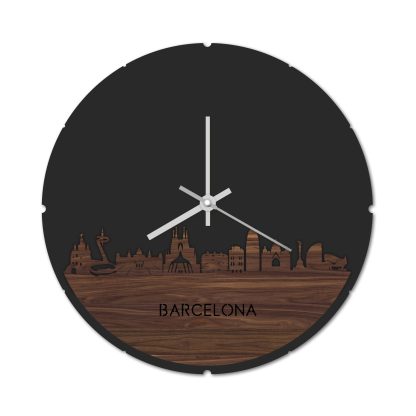 Skyline Klok Rond Barcelona Noten houten cadeau decoratie relatiegeschenk van WoodWideCities