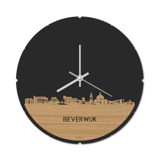 Skyline Klok Rond Beverwijk Bamboe houten cadeau decoratie relatiegeschenk van WoodWideCities