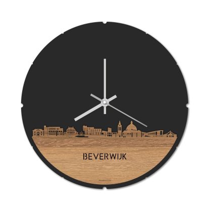 Skyline Klok Rond Beverwijk Eiken houten cadeau decoratie relatiegeschenk van WoodWideCities