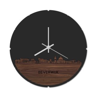 Skyline Klok Rond Beverwijk Noten houten cadeau decoratie relatiegeschenk van WoodWideCities