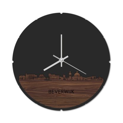 Skyline Klok Rond Beverwijk Noten houten cadeau decoratie relatiegeschenk van WoodWideCities