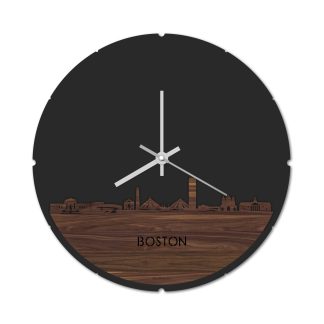 Skyline Klok Rond Boston Noten houten cadeau decoratie relatiegeschenk van WoodWideCities