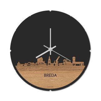 Skyline Klok Rond Breda Eiken Eiken  houten cadeau decoratie relatiegeschenk van WoodWideCities