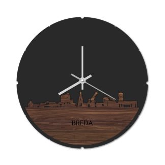 Skyline Klok Rond Breda Noten Noten  houten cadeau decoratie relatiegeschenk van WoodWideCities