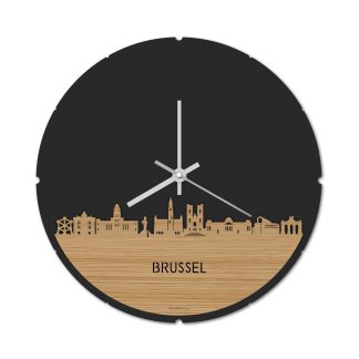 Skyline Klok Rond Brussel Bamboe houten cadeau decoratie relatiegeschenk van WoodWideCities