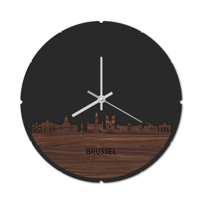 Skyline Klok Rond Brussel Noten houten cadeau decoratie relatiegeschenk van WoodWideCities